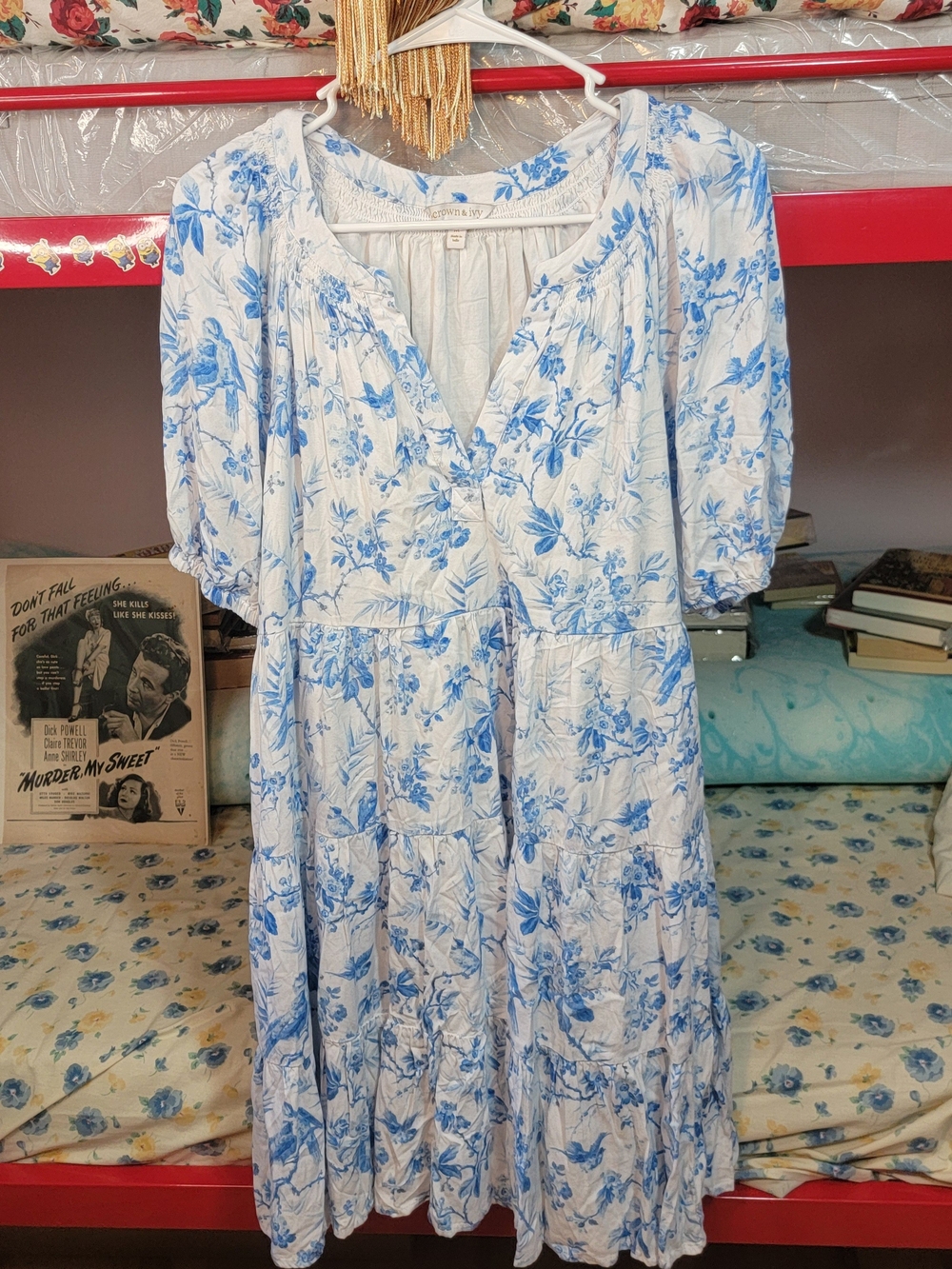 crown & ivy White and Blue Floral Midi Dress